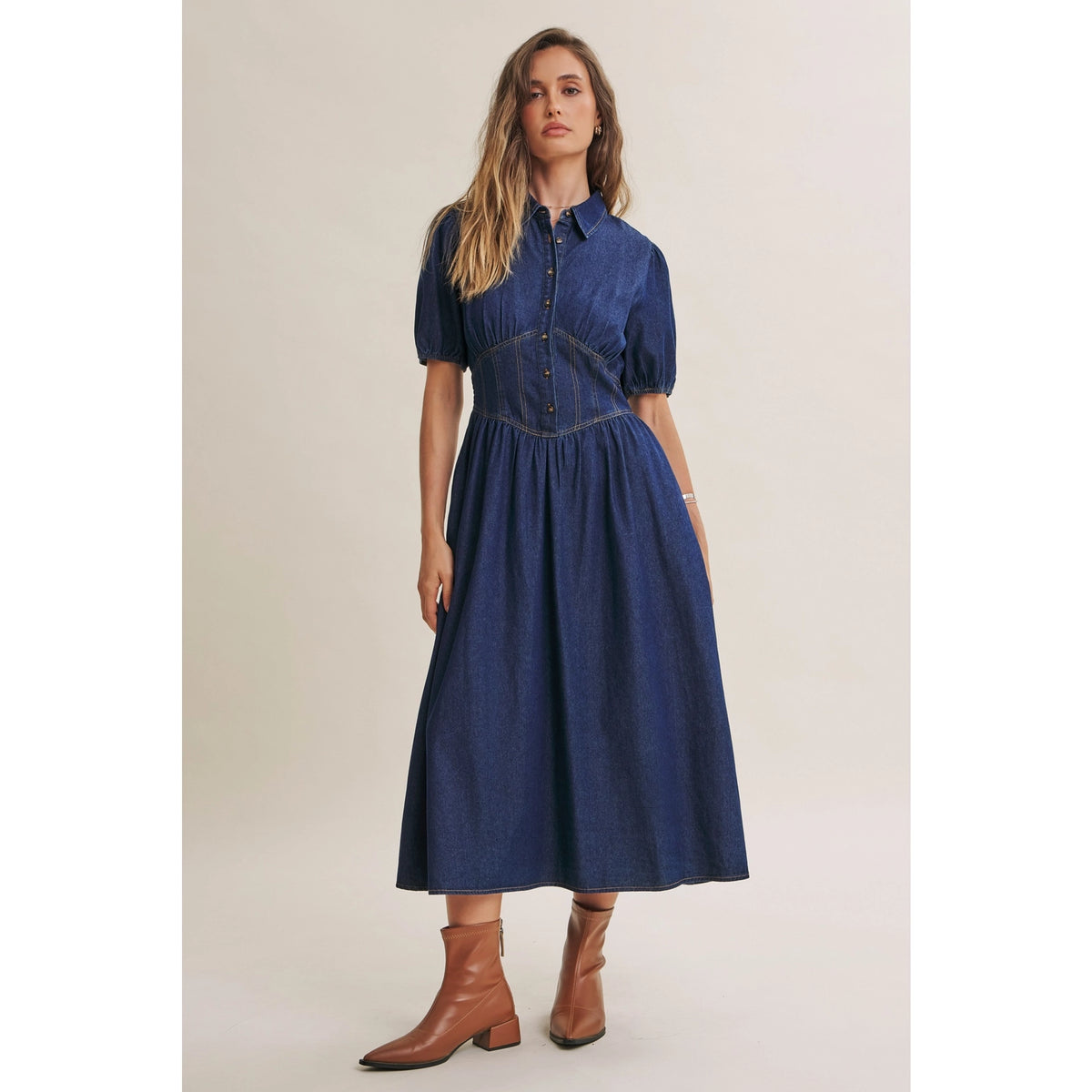 Contrast Stitch Denim Midi Dress
