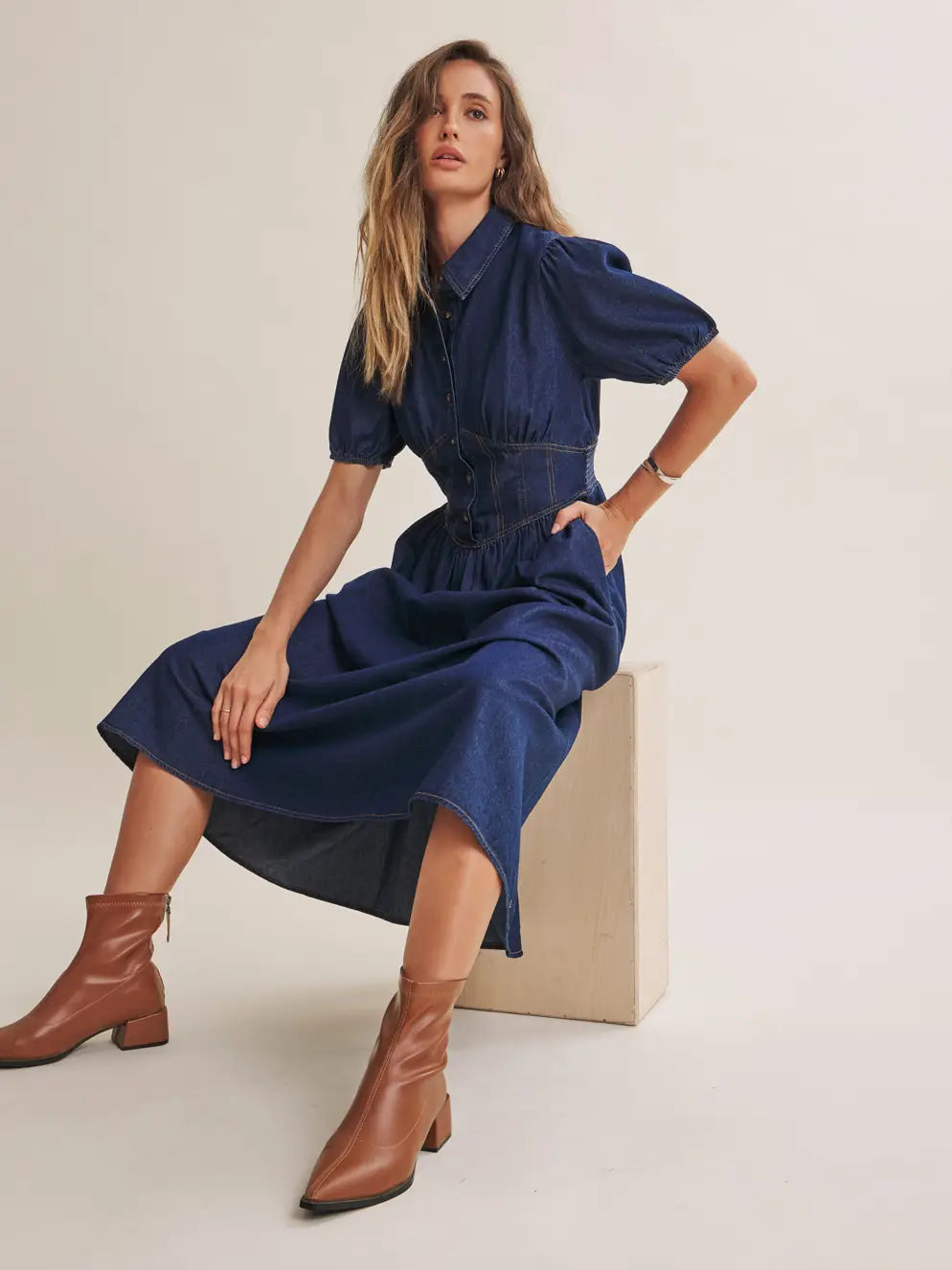 Contrast Stitch Denim Midi Dress