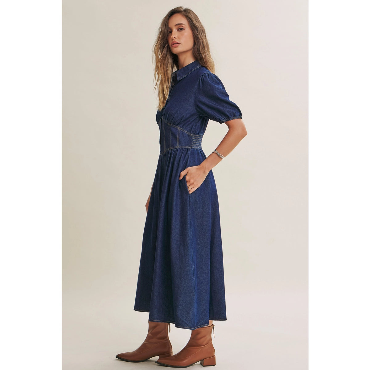 Contrast Stitch Denim Midi Dress